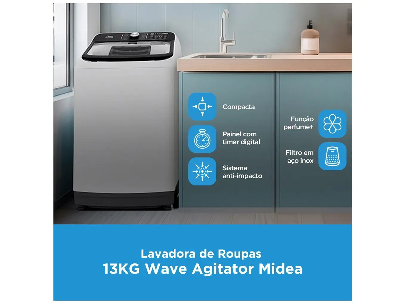 Máquina de Lavar Roupas Midea 15kg Branca Automática Lava Edredom Wave Agitador 110/220V - Imagem 2