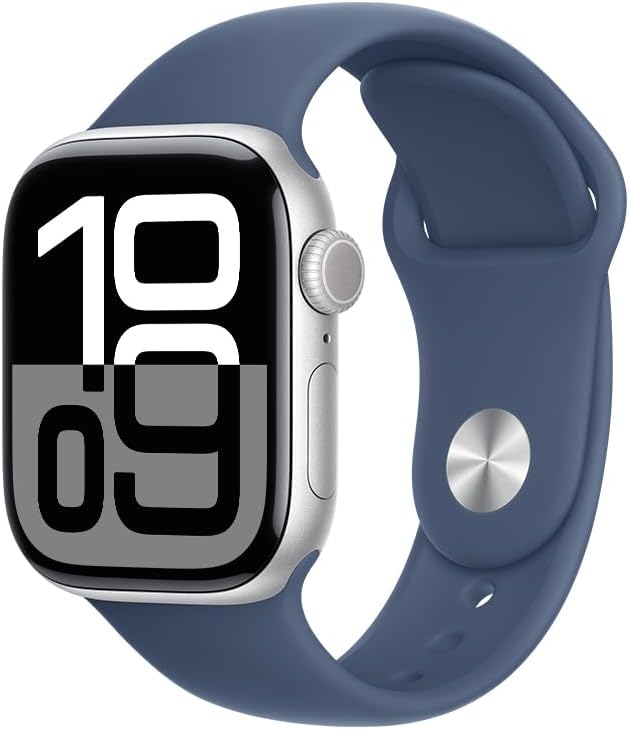 Apple Watch Series 10 GPS • Caixa prateada de alumínio – 42 mm • Pulseira esportiva denim – M/G