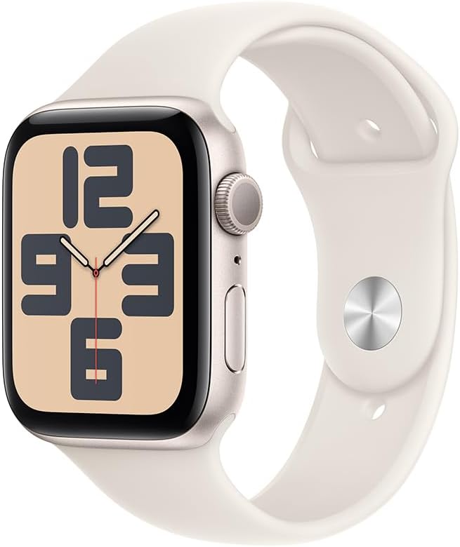Apple Watch SE GPS • Caixa estelar de alumínio – 44 mm • Pulseira esportiva estelar – P/M