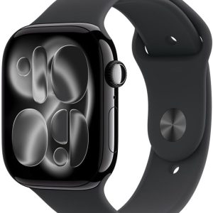Apple Watch Series 11 GPS, Caixa em alumínio preto brilhante de 46 mm com Bracelete desportiva preta - M/G