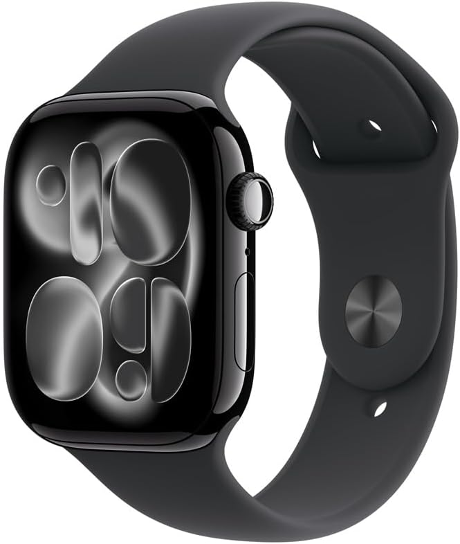 Apple Watch Series 11 GPS, Caixa em alumínio preto brilhante de 46 mm com Bracelete desportiva preta - M/G