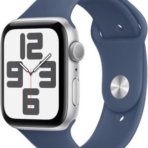 Apple Watch SE GPS • Caixa prateada de alumínio – 44 mm • Pulseira esportiva denim – P/M