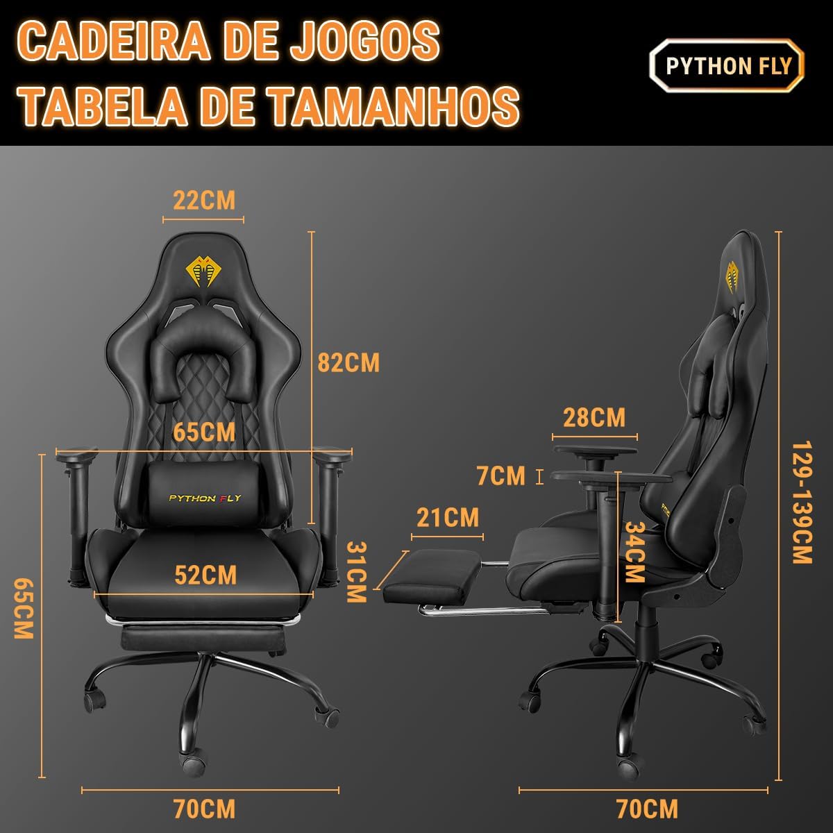 Cadeira Gamer Python Fly Deluxe, Design Ergonômico, Ajuste De 90-150 Graus, Design Preto E Dourado - Imagem 3
