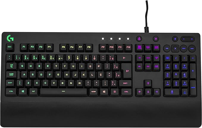 Teclado Gamer Logitech G213 com Layout ABNT2, RGB LIGHTSYNC, Controles de Mídia Dedicados, Design Durável e Resistente à Respingos
