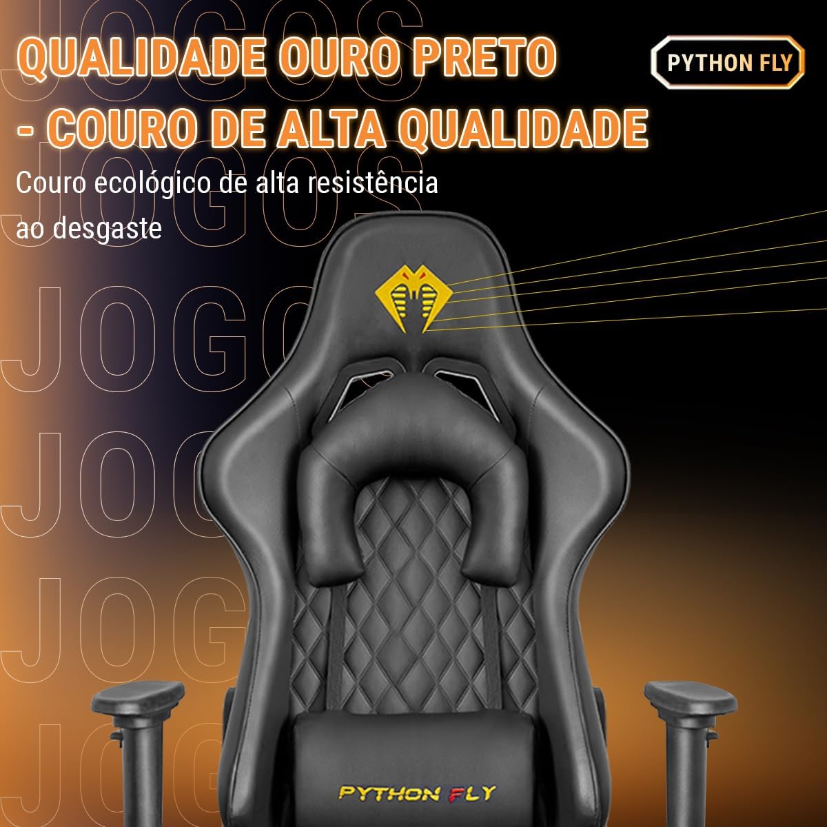 Cadeira Gamer Python Fly Deluxe, Design Ergonômico, Ajuste De 90-150 Graus, Design Preto E Dourado - Imagem 8