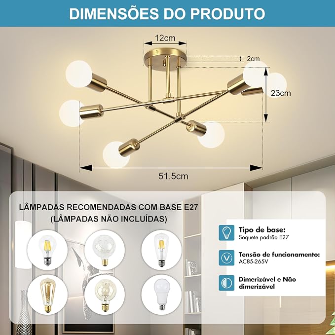 Luminária Pendente Dourada 6 Cabeças, Teto Regulável Para Cozinha e Sala - Imagem 2