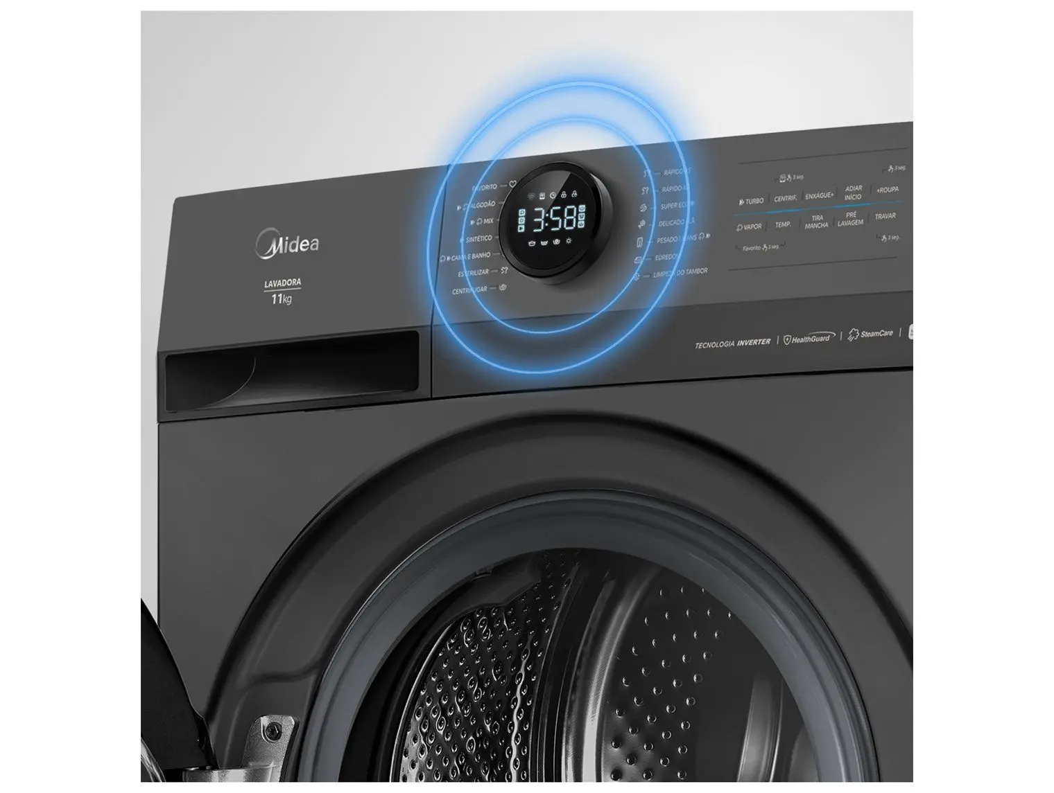 Lavadora de Roupas Midea Slim 11kg HealthGuard Smart Inverter Água Fria e Quente Titanium MF201W110WB/GK-01 110/220V - Imagem 5