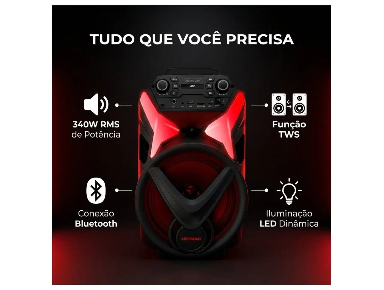 Caixa de Som Amplificada Bluetooth Vivensis Vibe Sound V8 Power 340W USB - Imagem 6