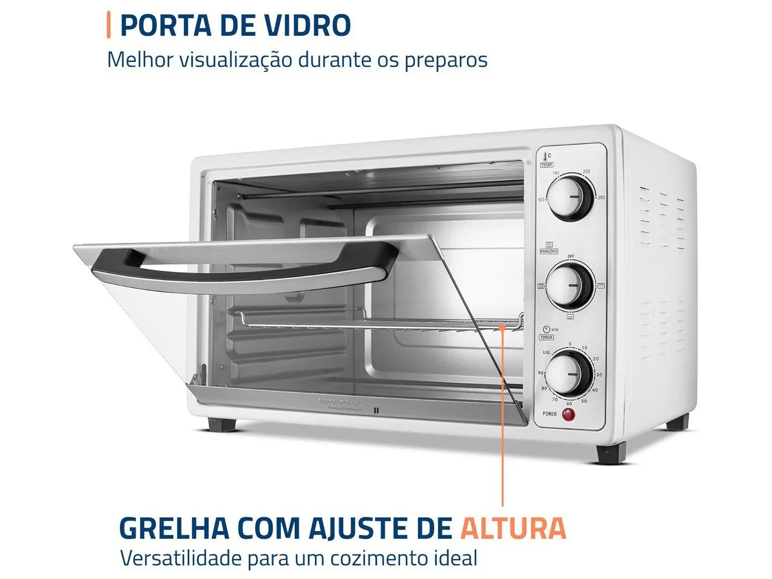 Forno Elétrico de Bancada Mondial Multifuncional 52L Branco e Prata Grand Family II FRN-52-W 110/220V - Imagem 3