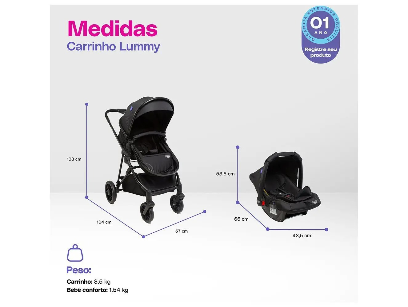 Carrinho de Bebê com Bebê Conforto Cosco Kids Lummy Duo até 22kg - Imagem 2