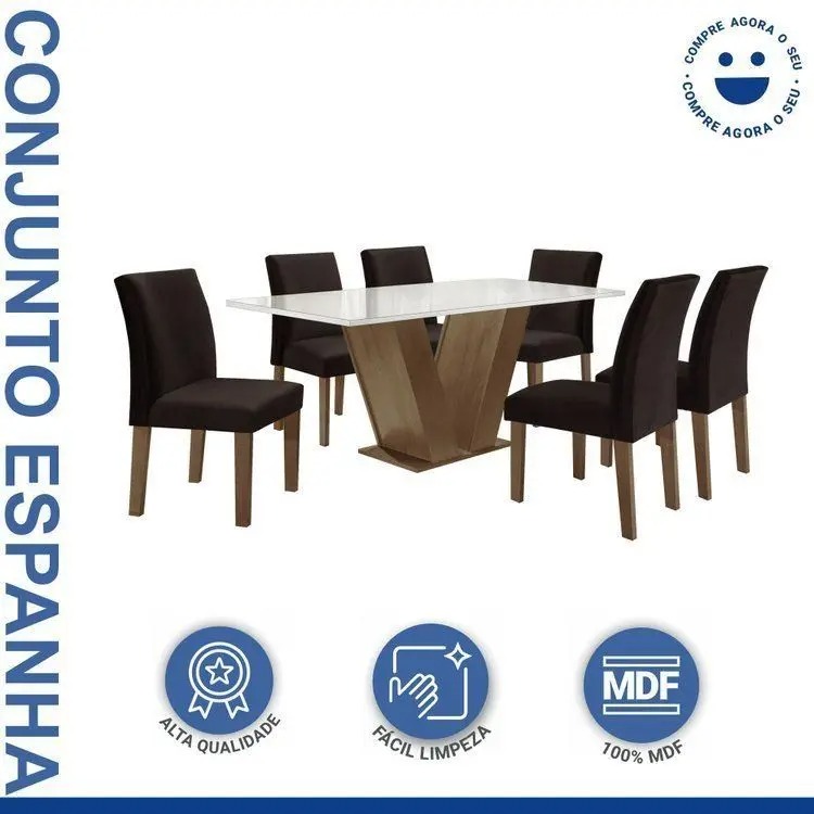 Conjunto Sala de Jantar Mesa Tampo de Vidro 6 Cadeiras Espanha Yescasa - Imagem 15