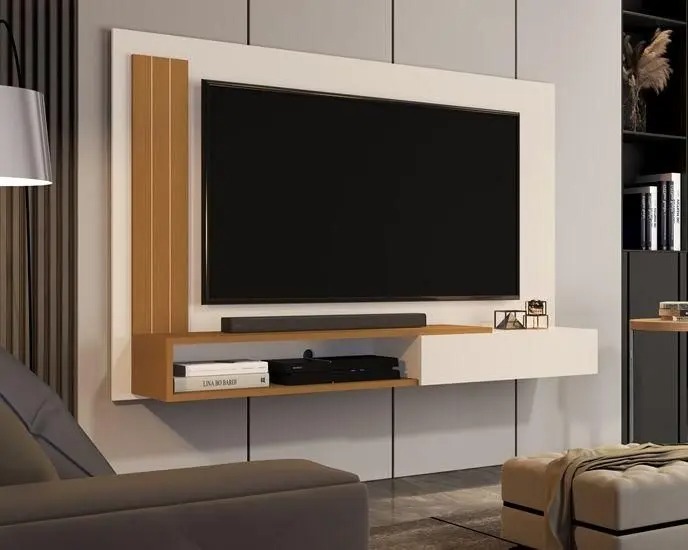 Painel Sala Para TV Smart até 50 Polegadas Match com porta Cor Off white / Nature - MJM Casa dos Moveis - JM Casa dos Móveis
