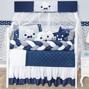 Kit enxoval de berço 12 peças nuvem estampada com trança e lateral - BruceBaby Bordados