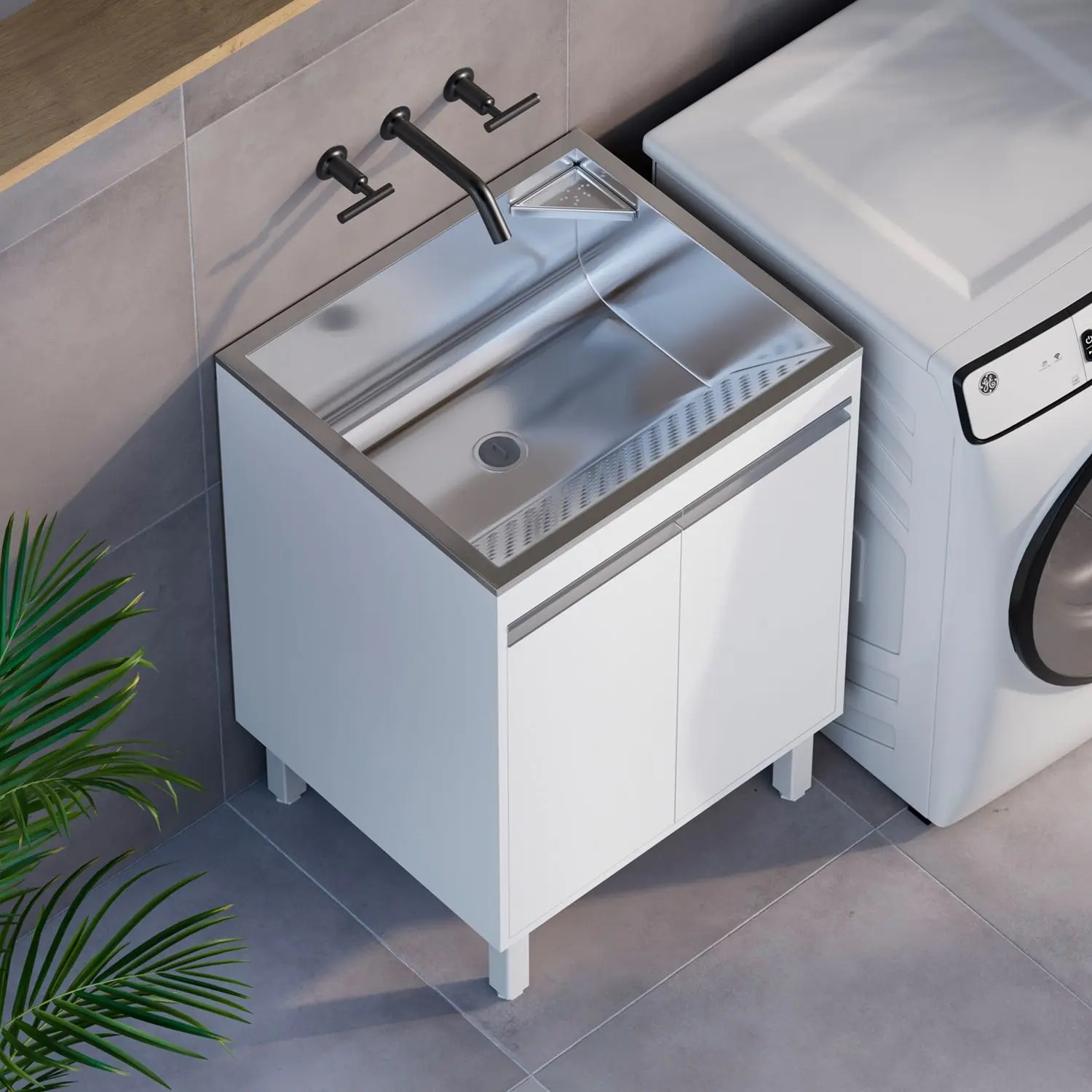 Tanque de Lavar Roupa Inox 46 Litros com Gabinete MDF Branco 60cm Entregue Montado - EJV Shoop