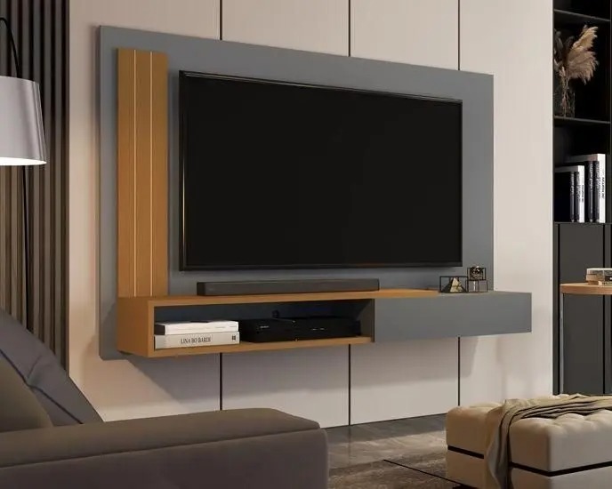 Painel Sala Para TV Smart até 50 Polegadas Match com porta Cor Cinza / Nature - MJM Casa dos Moveis - JM Casa dos Móveis