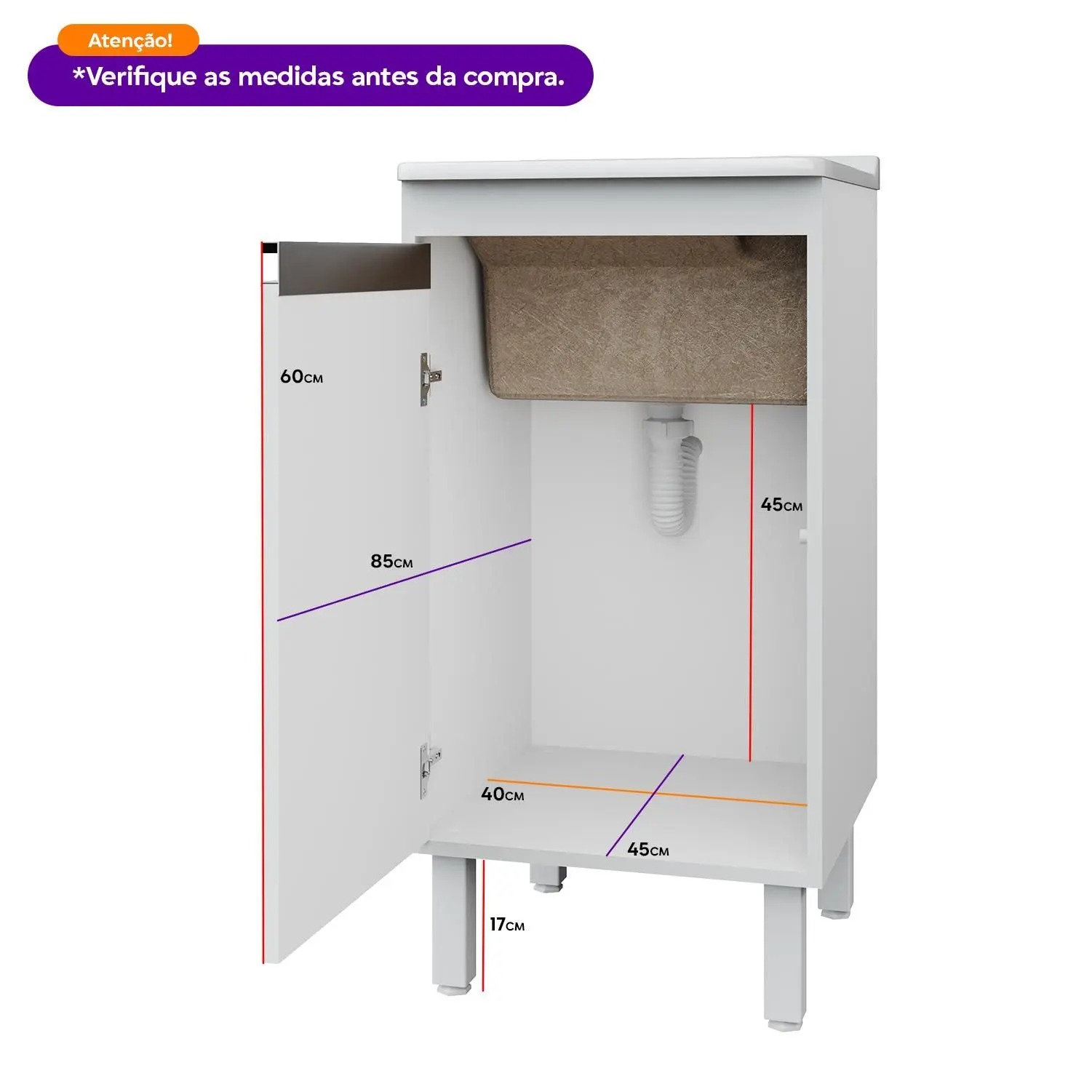 Tanque de Lavanderia Fibra 20L com Gabinete MDF 45cm Branco, Suporte para Torneira de Bancada, Entregue Montado, com Válvula e Sifão - EJV Shoop - Imagem 3