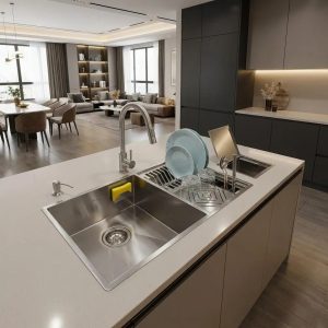 Kit Pia Cuba 70x40cm Inox 304 Com Torneira Extensível, Lixeira 4L e Dispenser de detergente de Embutir, porta esponja com Ventosa Cozinha Gourmet - Cozix