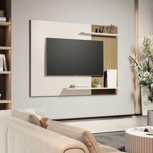 Painel Sala Quarto TV Smart até 55 Polegadas Elena com prateleiras Cor Off white / Ripado - MJM Casa dos Moveis - JM Casa dos Móveis
