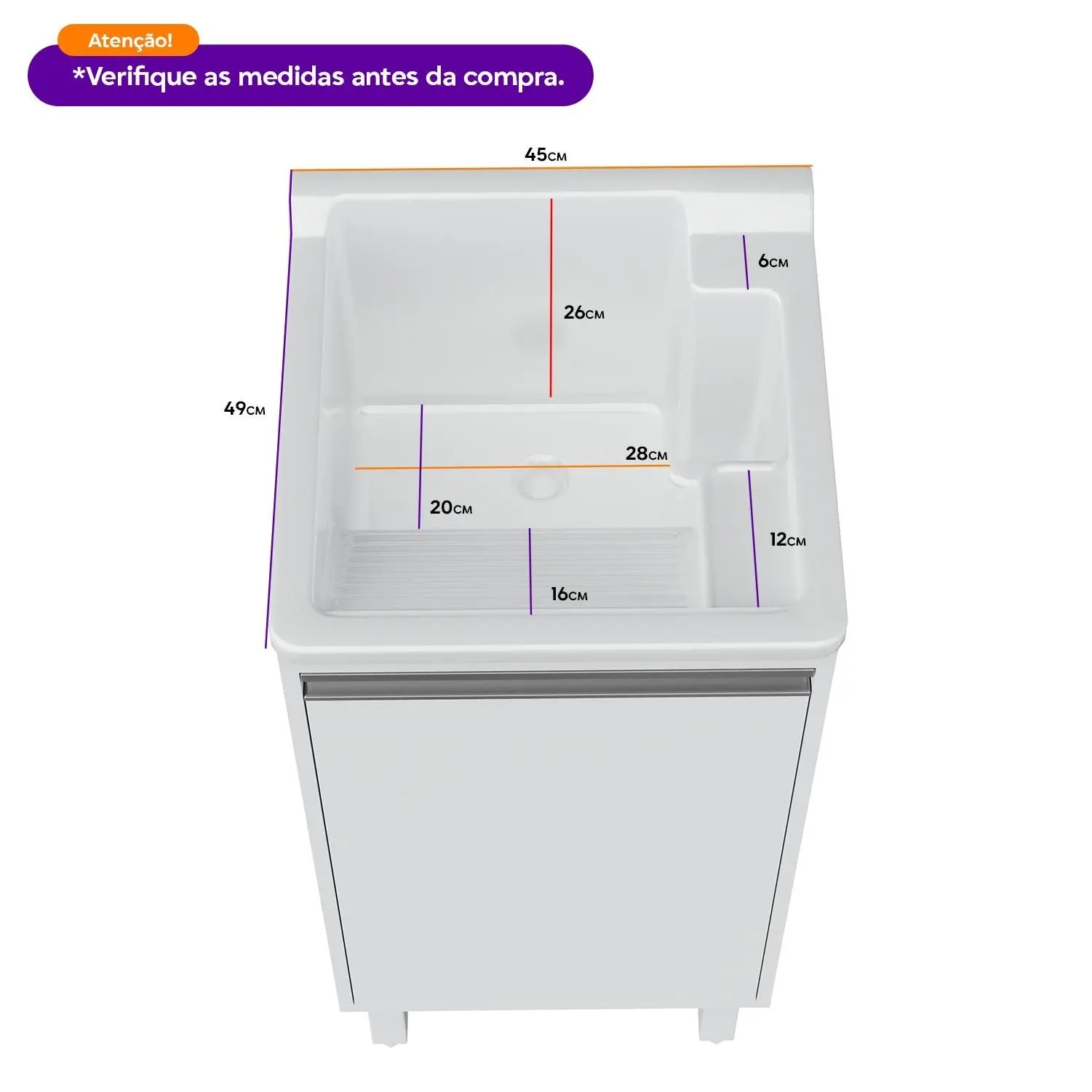 Tanque de Lavanderia Fibra 20L com Gabinete MDF 45cm Branco, Suporte para Torneira de Bancada, Entregue Montado, com Válvula e Sifão - EJV Shoop - Imagem 2