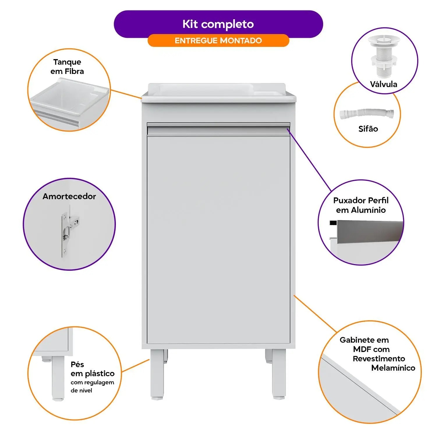 Tanque de Lavanderia Fibra 20L com Gabinete MDF 45cm Branco, Suporte para Torneira de Bancada, Entregue Montado, com Válvula e Sifão - EJV Shoop - Imagem 4