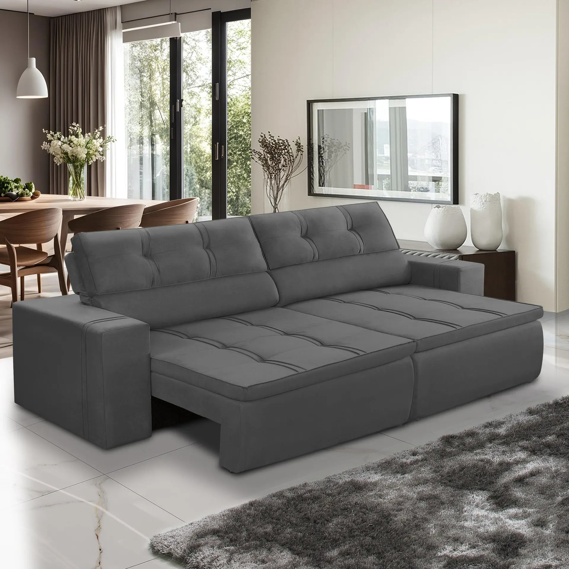 Sofá Retrátil e Reclinável 3 lugares 1,90m com Molas Stella Suede Cinza Adonai Estofados