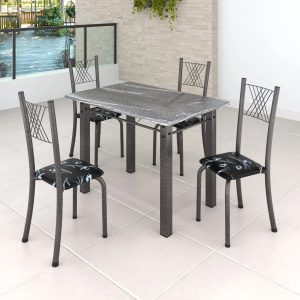 Conjunto Mesa com 4 Cadeiras Tampo de Granito Topázio Sara Yescasa Prata/Preto Floral/Martelado