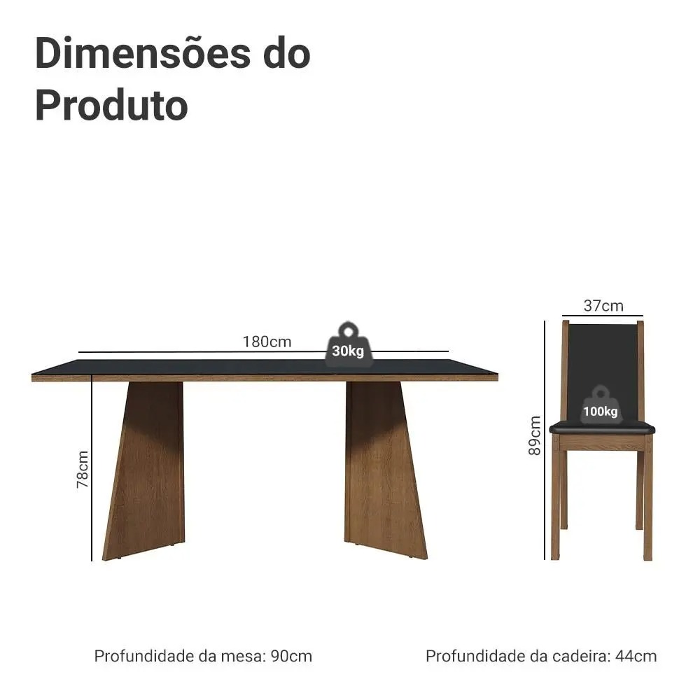 Conjunto Sala de Jantar Mesa Tampo de Vidro 8 Cadeiras Rustic/Preto Justine Madesa - Imagem 3