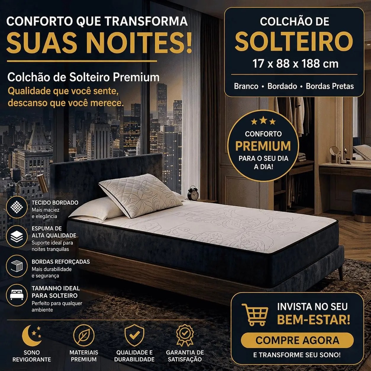 Colchão Solteiro Espuma D33 88x188x17cm Tecido Respirável Para Coluna Melhor Custo - Fenix