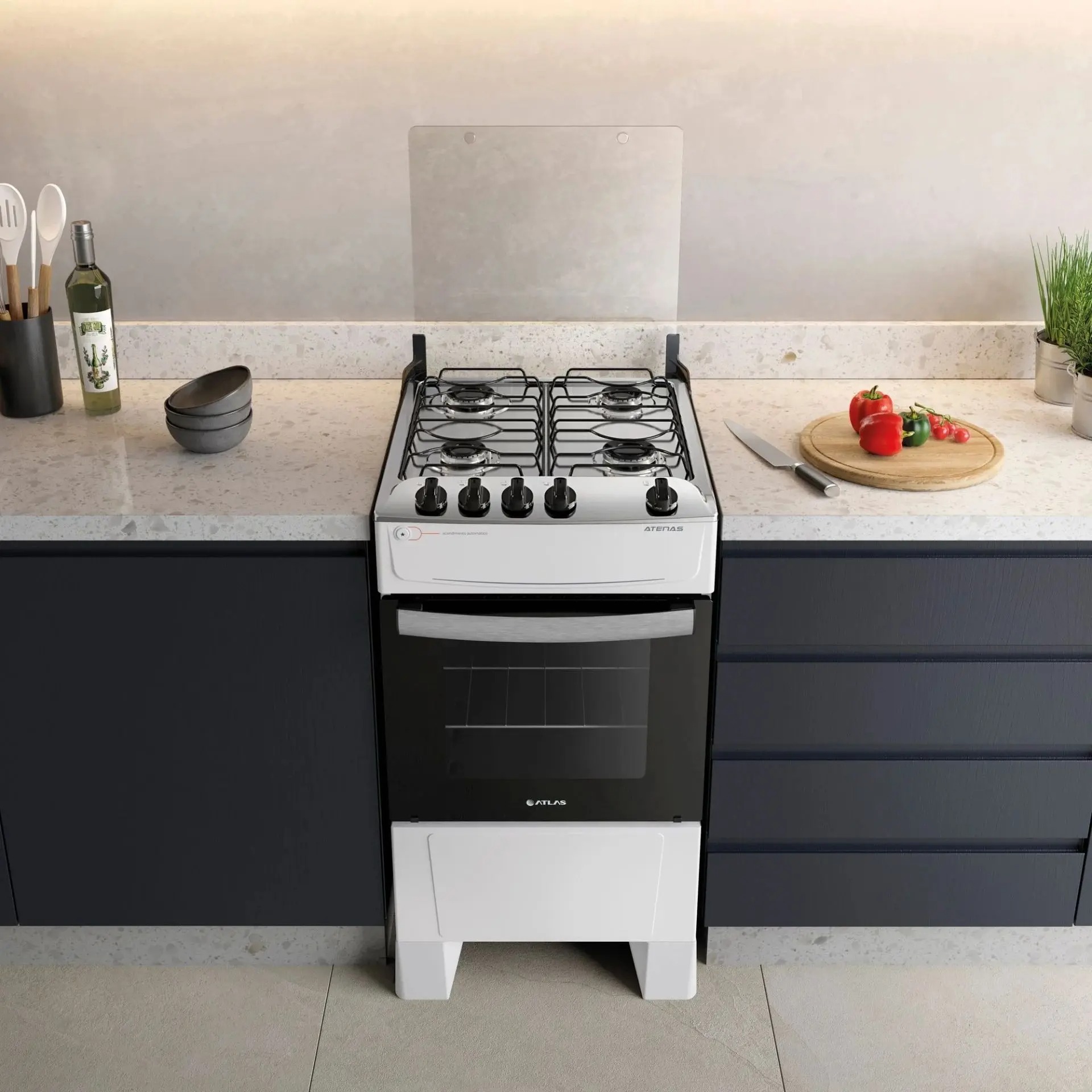 Fogão de Piso 4 Bocas Com Mesa Inox Automático Forno Limpa Fácil Atlas Atenas Bivolt - Imagem 3