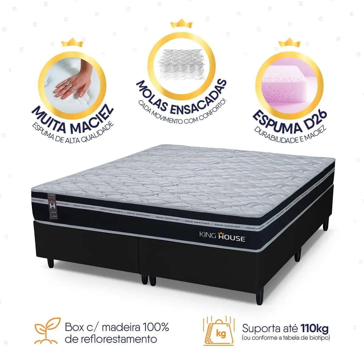 Conjunto Cama Box King Size Durham 193x203x60 Preto/Branco c/ Molas Ensacadas - King House - Imagem 6