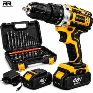 Parafusadeira Furadeira De Impacto 48V Sem Fio Com 2 Baterias Recarregáveis Maleta Kit Profissional Brushless - Genérico