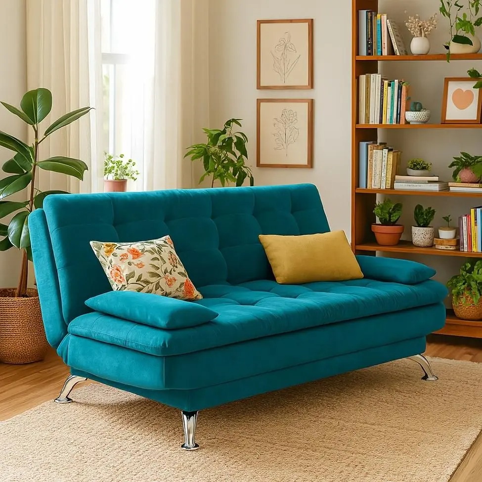 Sofá-Cama Casal 3 Lugares Premium A2 Suede Azul Turquesa - Mobly