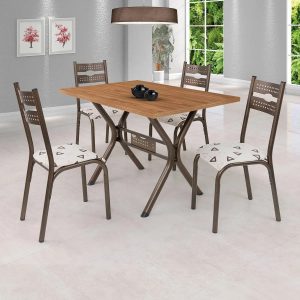 Conjunto Mesa Jogo Sala Jantar Luna Tampo Madeira bp Amendoa 1,20m x 0,80m Retangular Com 4 Cadeiras Tubo Bronze Assento Estofado - CIPLAFE
