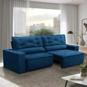 Sofá Retrátil e Reclinável 3 lugares com Molas 2,00m Livia Suede Azul Adonai Estofados