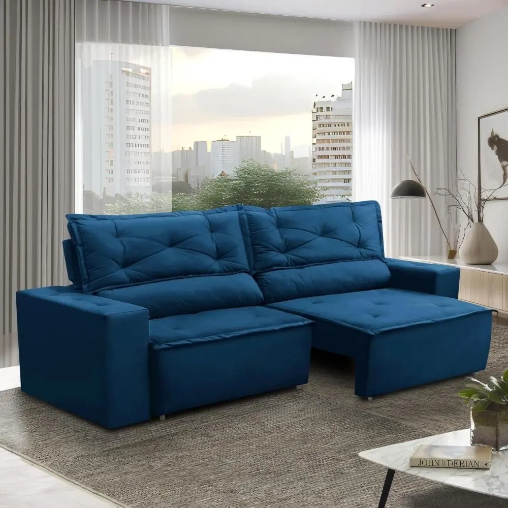 Sofá Retrátil e Reclinável 3 lugares com Molas 2,00m Livia Suede Azul Adonai Estofados