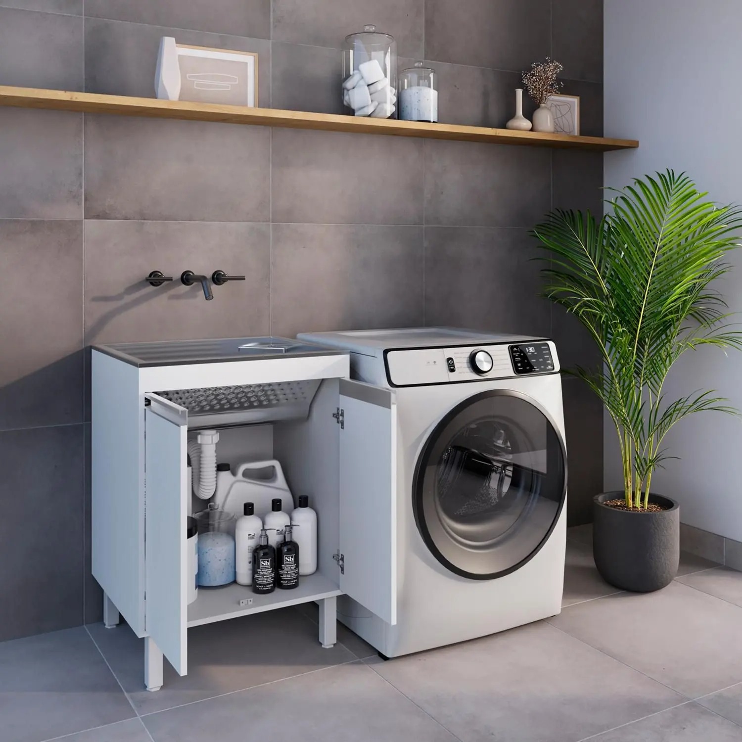 Tanque de Lavar Roupa Inox 46 Litros com Gabinete MDF Branco 60cm Entregue Montado - EJV Shoop - Imagem 2