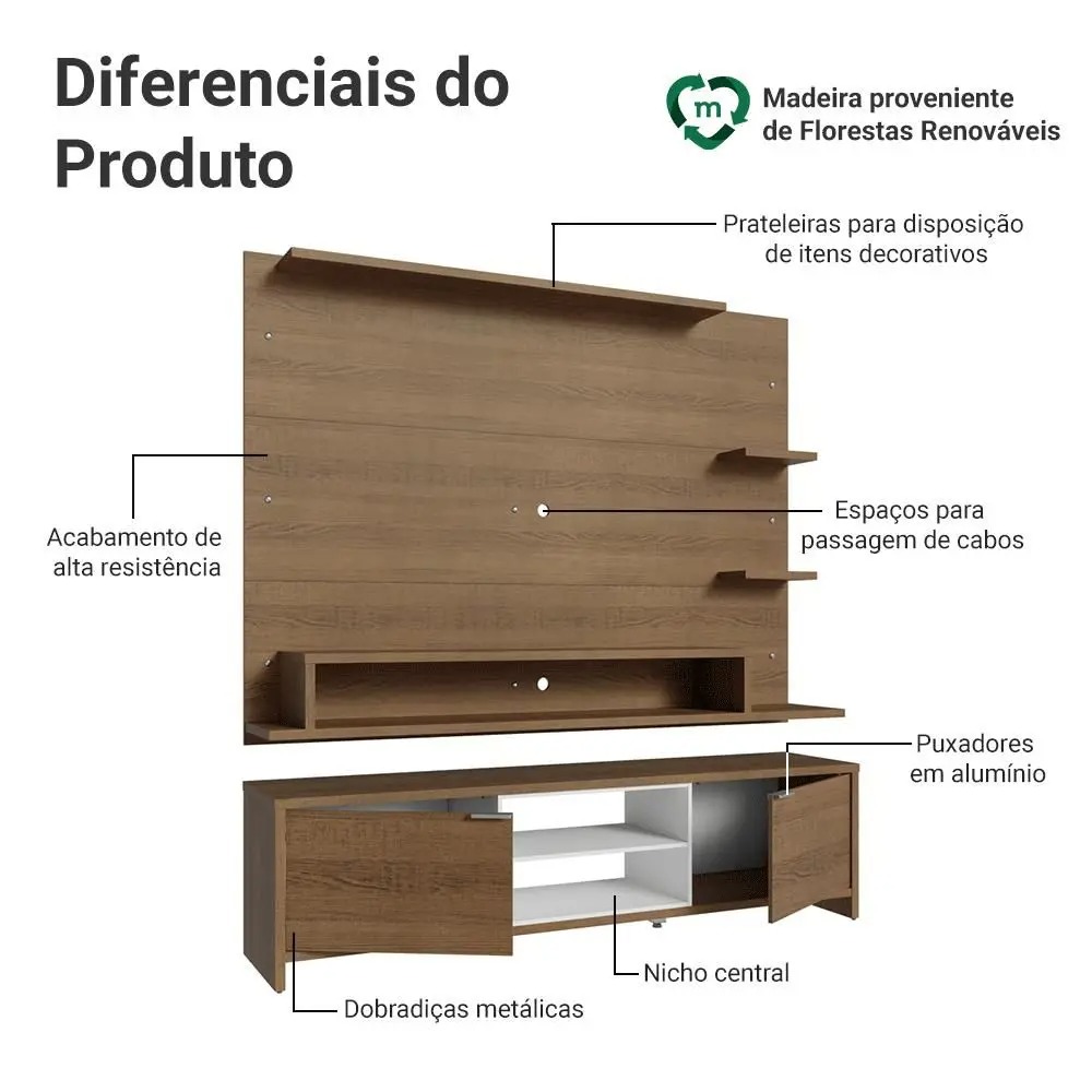 Rack com Painel para TV até 60 Polegadas 180 cm Rustic/Branco Metz Madesa - Imagem 6