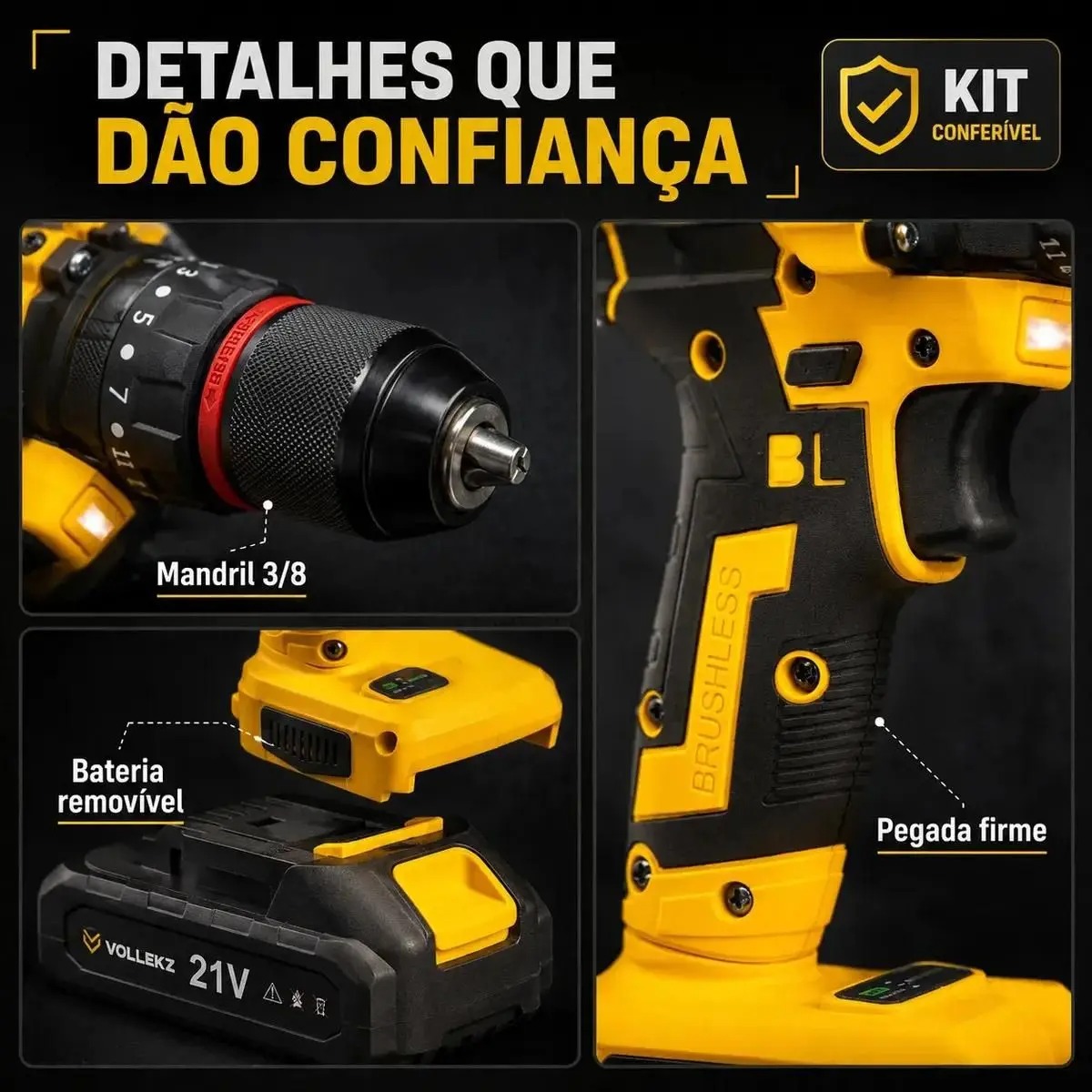 Parafusadeira Furadeira Impacto Bateria 3 8 21v 2ah Vollekz - Imagem 3