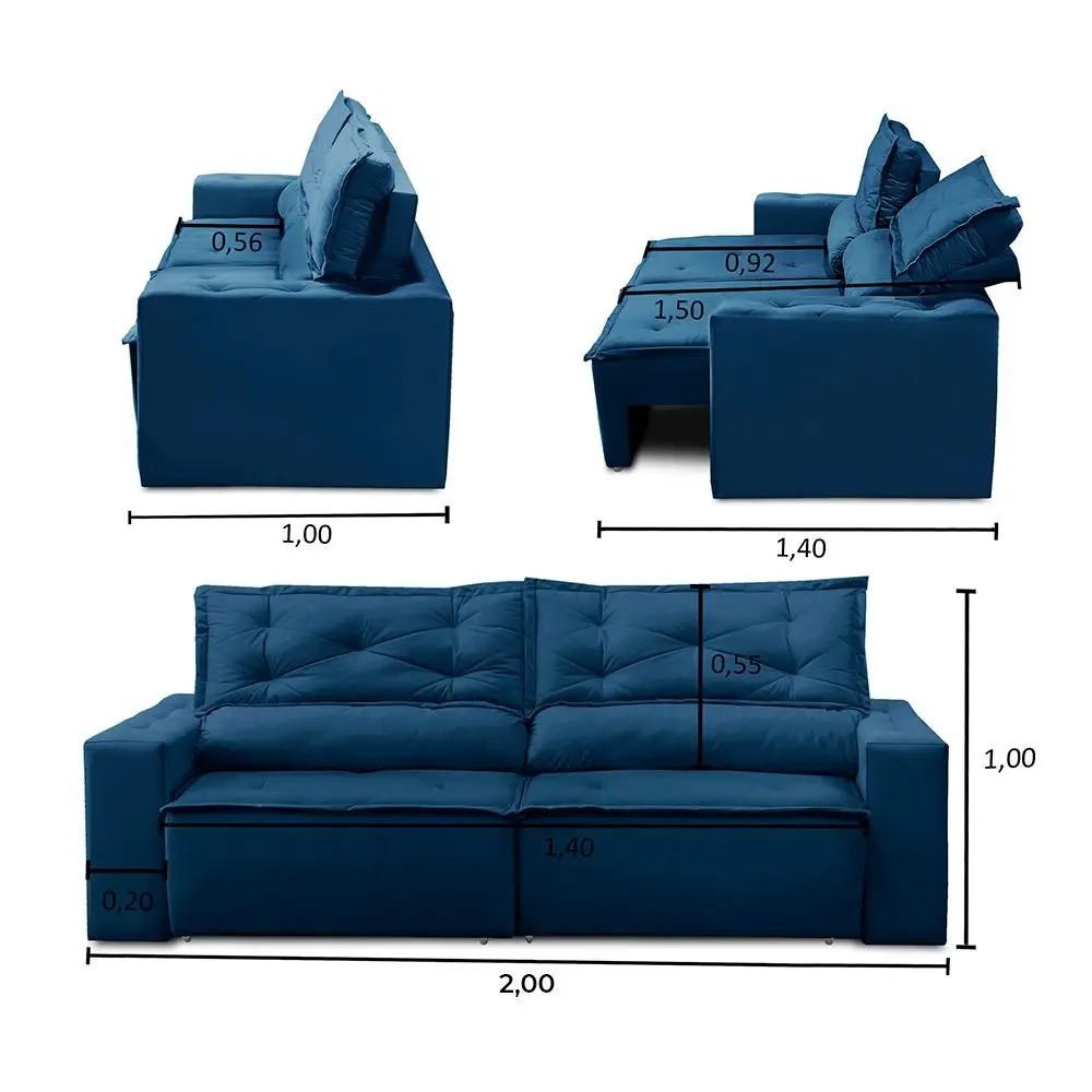 Sofá Retrátil e Reclinável 3 lugares com Molas 2,00m Livia Suede Azul Adonai Estofados - Imagem 3