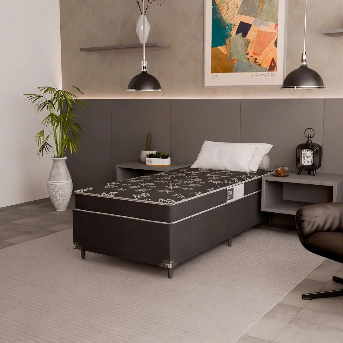 Cama Box Solteiro + Colchão Espuma D20 - 51x88x188cm - Suede Preto - e-Shop Casa