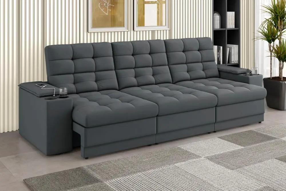 Sofá Confort Premium 2,30m Assento Retrátil/Reclinável porta copos e USB Suede Cinza - XFlex Sofas - XFlex Sofás - Imagem 4