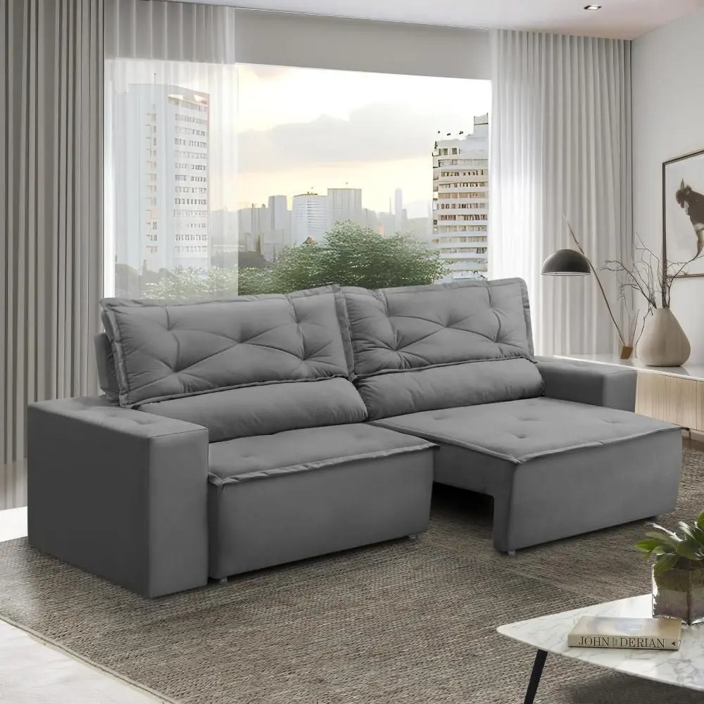 Sofá Retrátil e Reclinável 2 lugares com Molas 1,50m Livia Suede Cinza Adonai Estofados