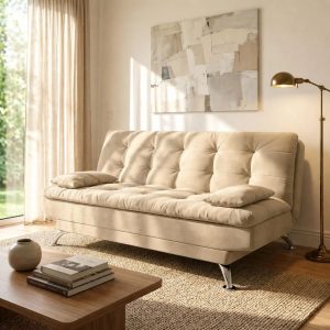Sofá-Cama 3 Lugares Casal Premium Suede Velvet Bege - Mobly