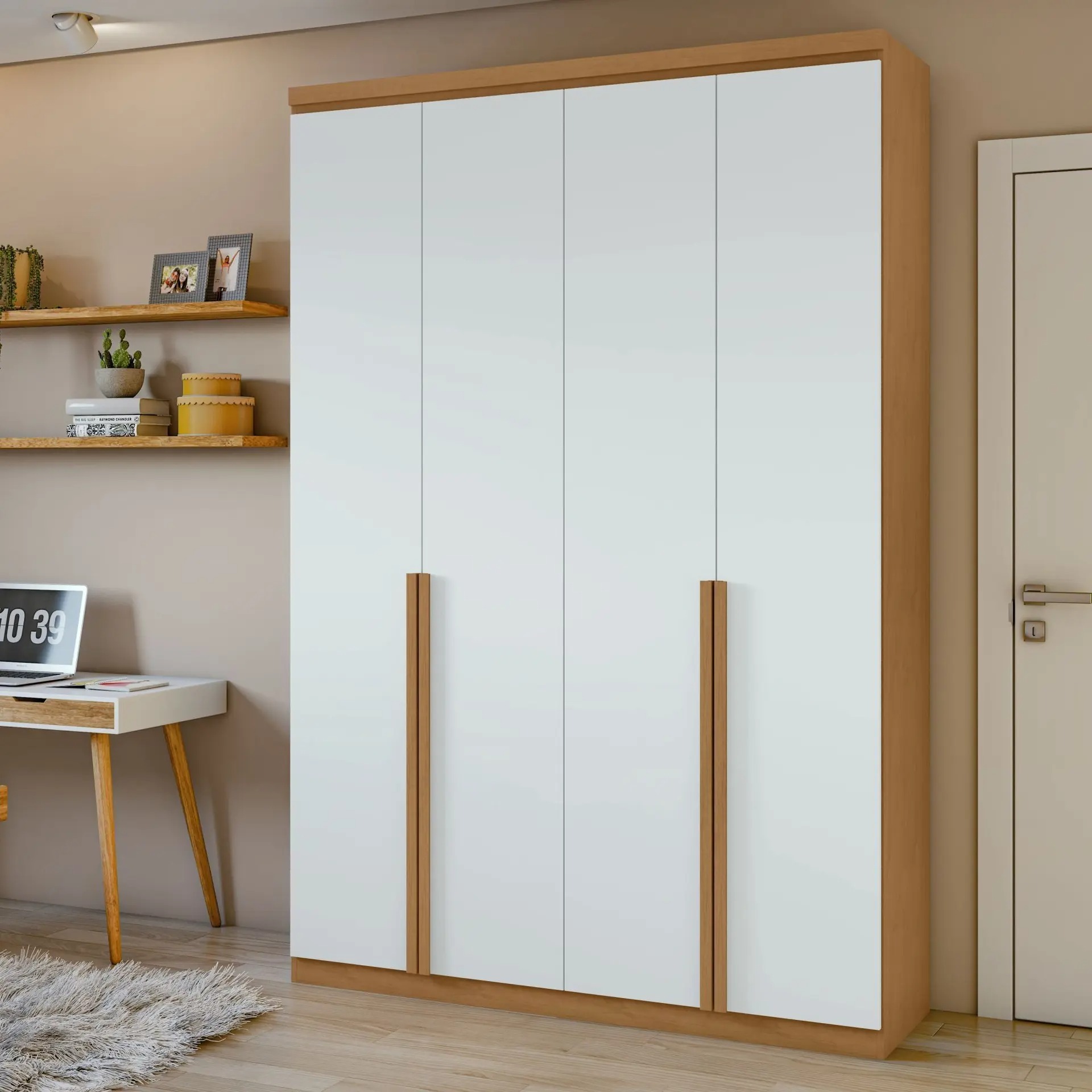 Guarda Roupa Solteiro 4 Portas 2 Gavetas MDF Alonzo 153.5cm Marrom Amêndoa Clean/Branco - Móveis Lopas