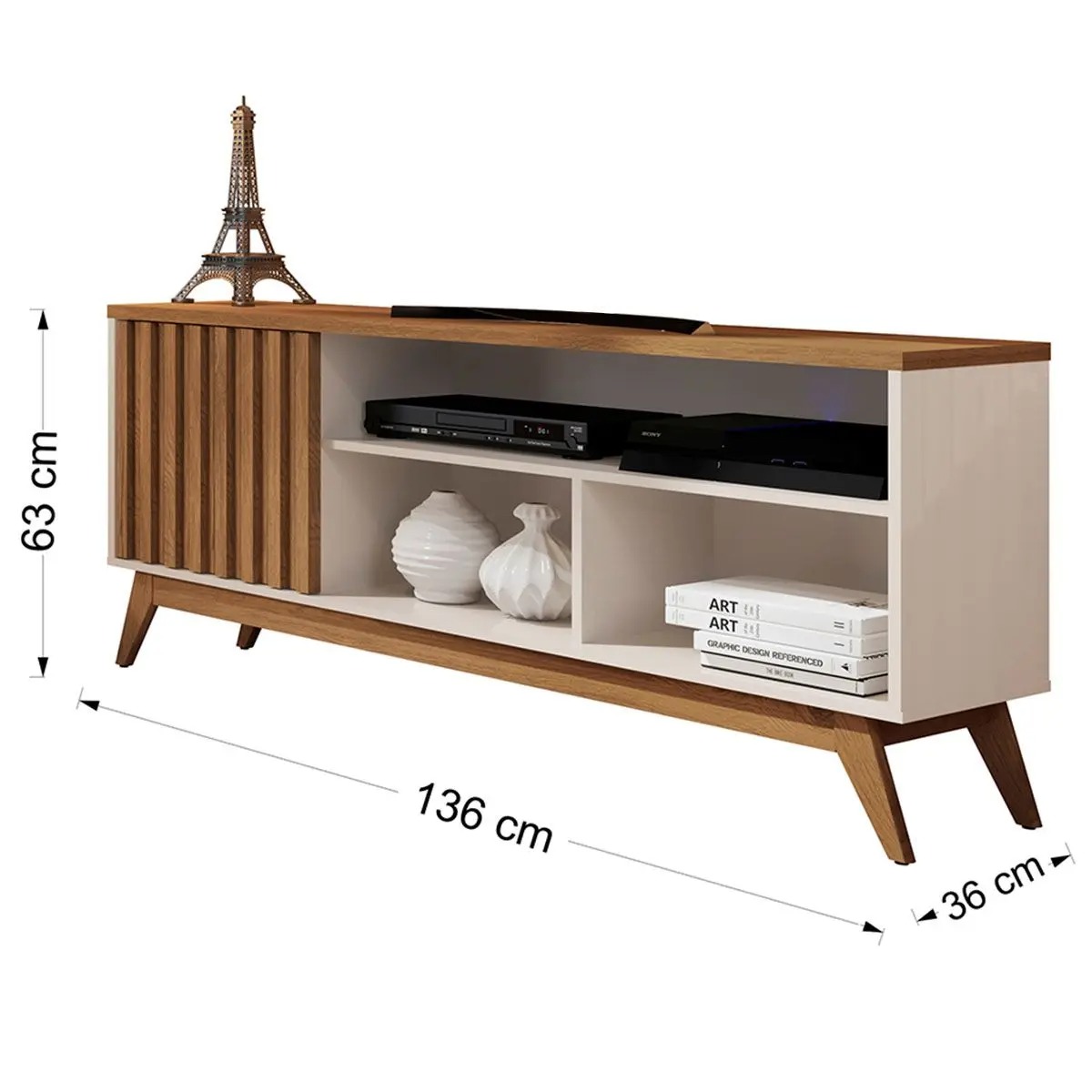 Rack para TV Até 55 Polegadas Malbec Wood Retrô 1 Porta 1 Prataleira Off White/Freijó - Giga Móveis - Imagem 3