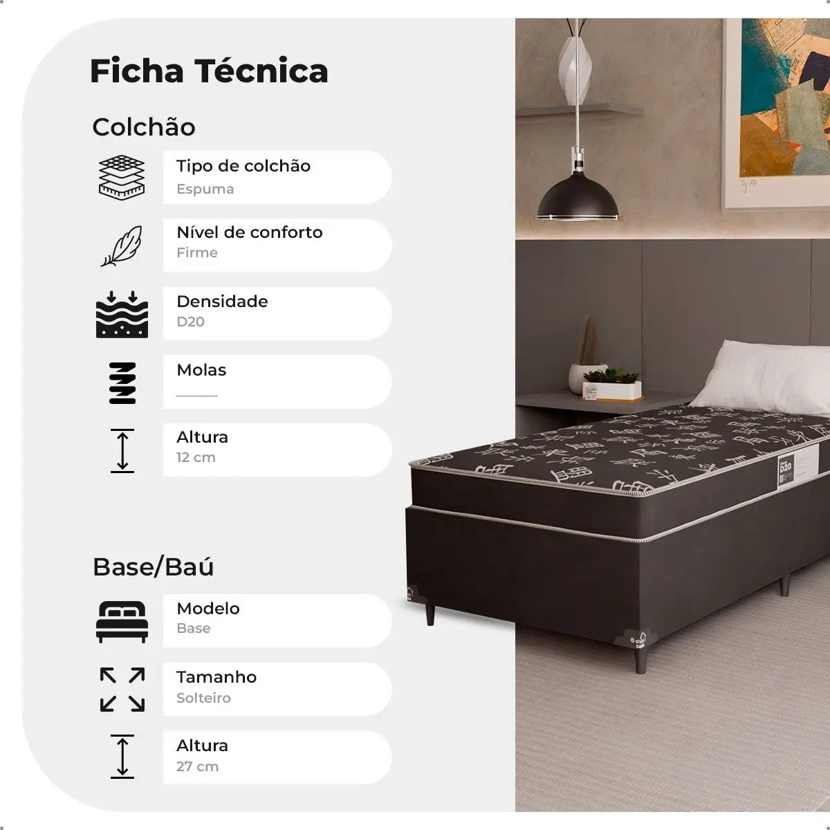 Cama Box Solteiro + Colchão Espuma D20 - 51x88x188cm - Suede Preto - e-Shop Casa - Imagem 3