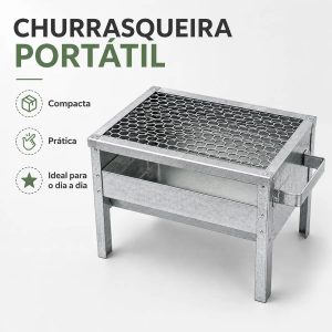 Churrasqueira/Grill Galvanizada C/ Grelha Portátil Aço Anti Corte - Kvell