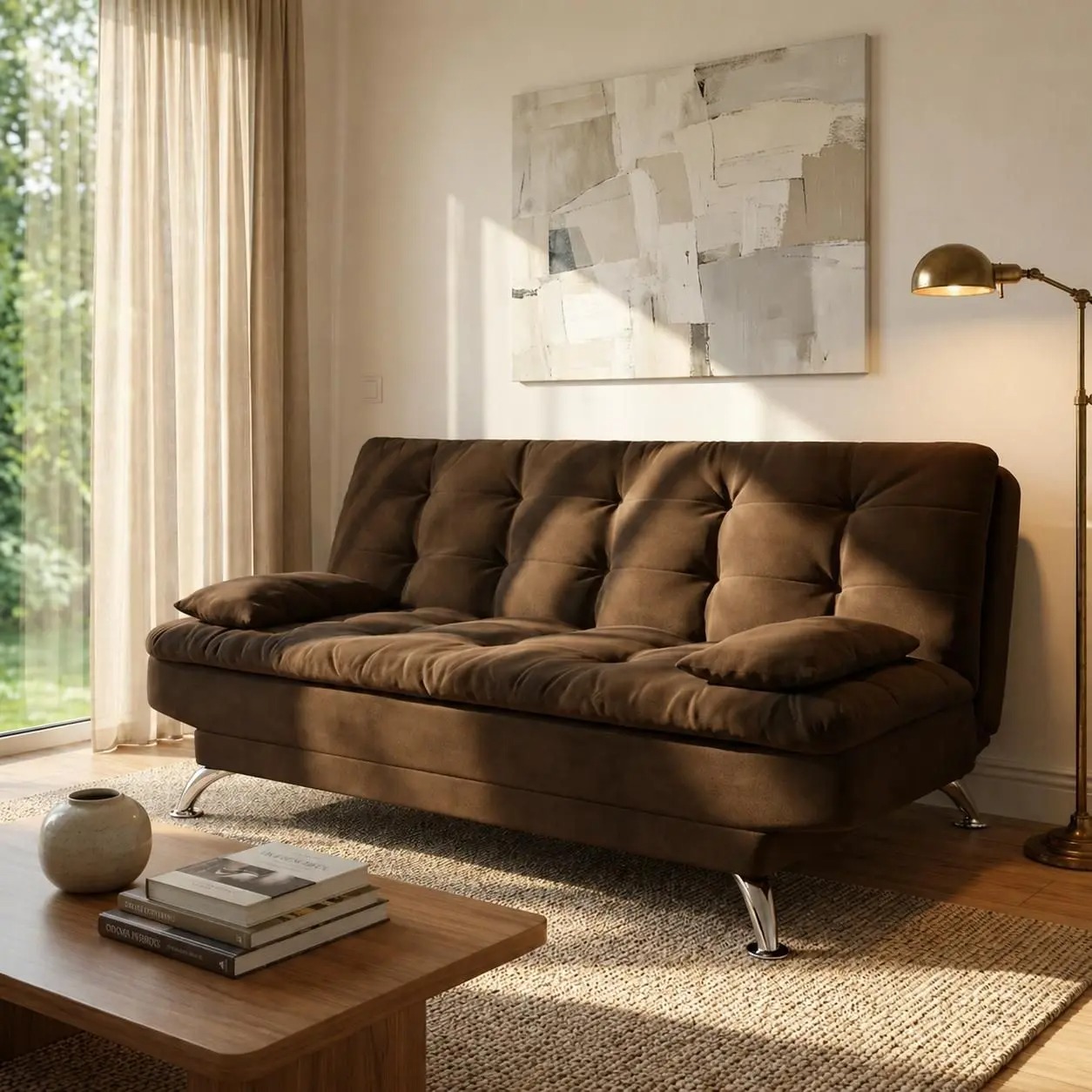 Sofá-Cama 3 Lugares Casal Premium II Suede Café - Mobly - Imagem 2