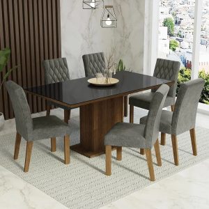Conjunto Mesa de Jantar 6 lugares Tampo de Vidro Geórgia Madesa