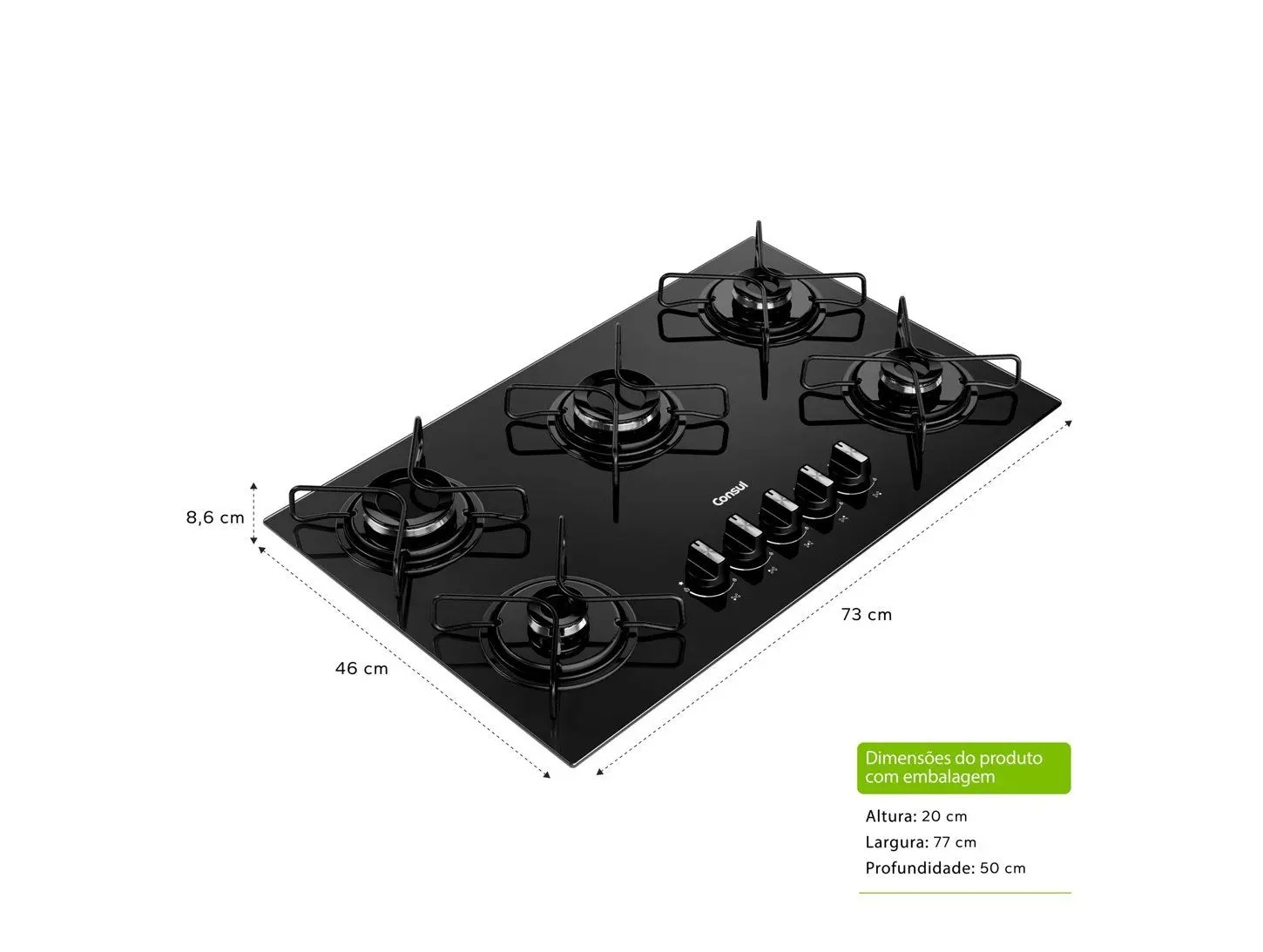Cooktop 5 Bocas a Gás Consul Mesa de Vidro GLP Preto Superautomático CD075BE 110/220V - Imagem 3